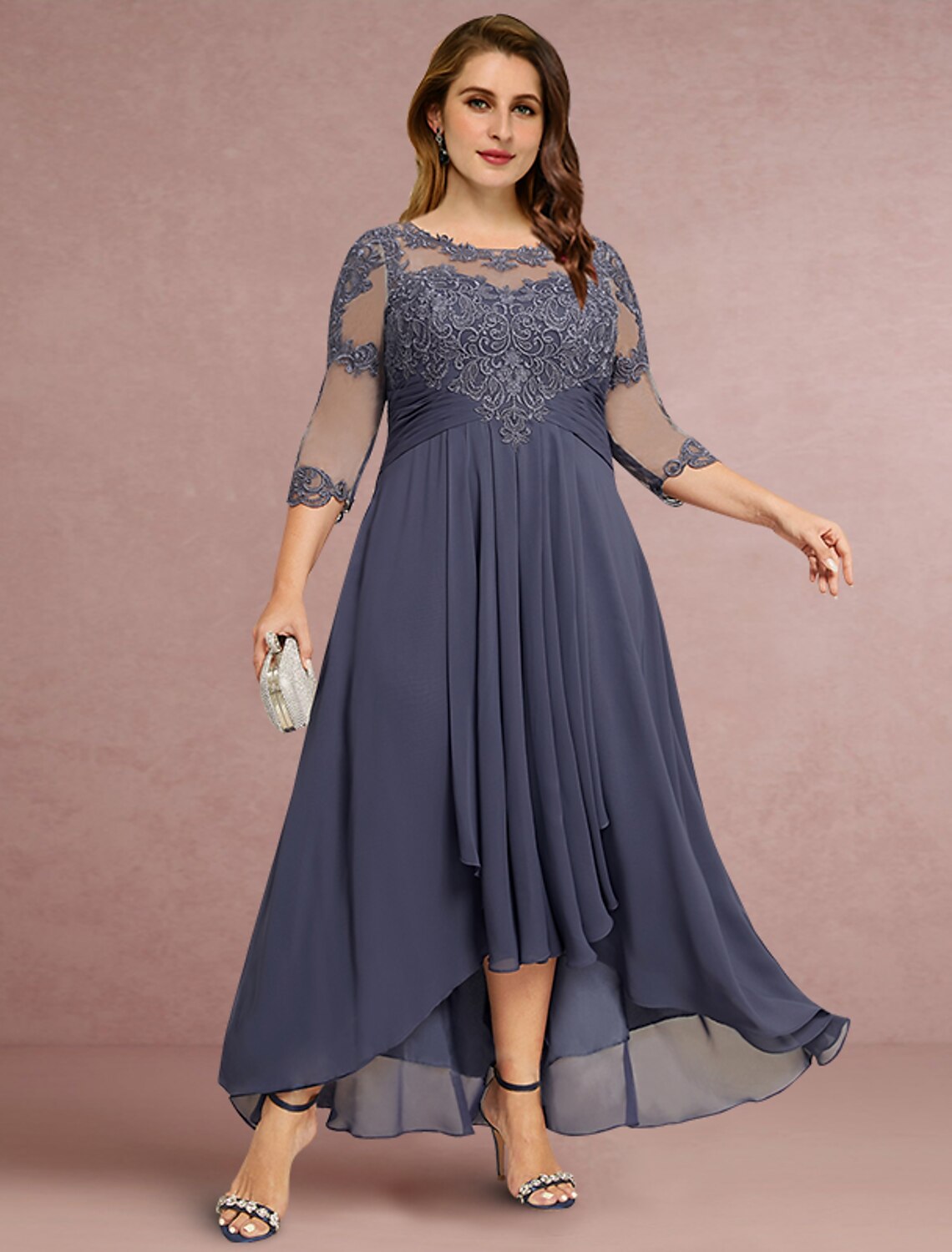 Wholesale  Sheath / Column Mother of the Bride Dress Wedding Guest Elegant Jewel Neck Asymmetrical Chiffon Lace 3/4 Length Sleeve with Pleats Solid